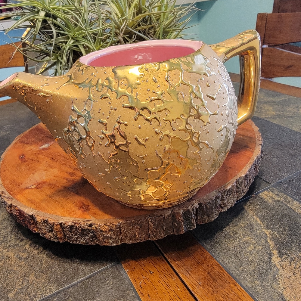 Vtg Mccoy 24k Gold Weeping Gold Sunburst Teapot 1950s MCM No Lid USA Made